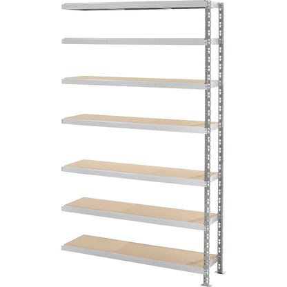 Wide span boltless shelf unit with moulded chipboard shelves, depth 500 mm, extension shelf unit, HxW 2522 x 1525 mm.