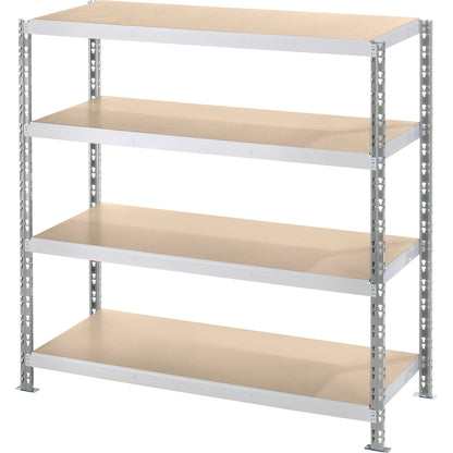 Wide span boltless shelf unit with moulded chipboard shelves, depth 600 mm, standard shelf unit, HxW 1508 x 1550 mm.