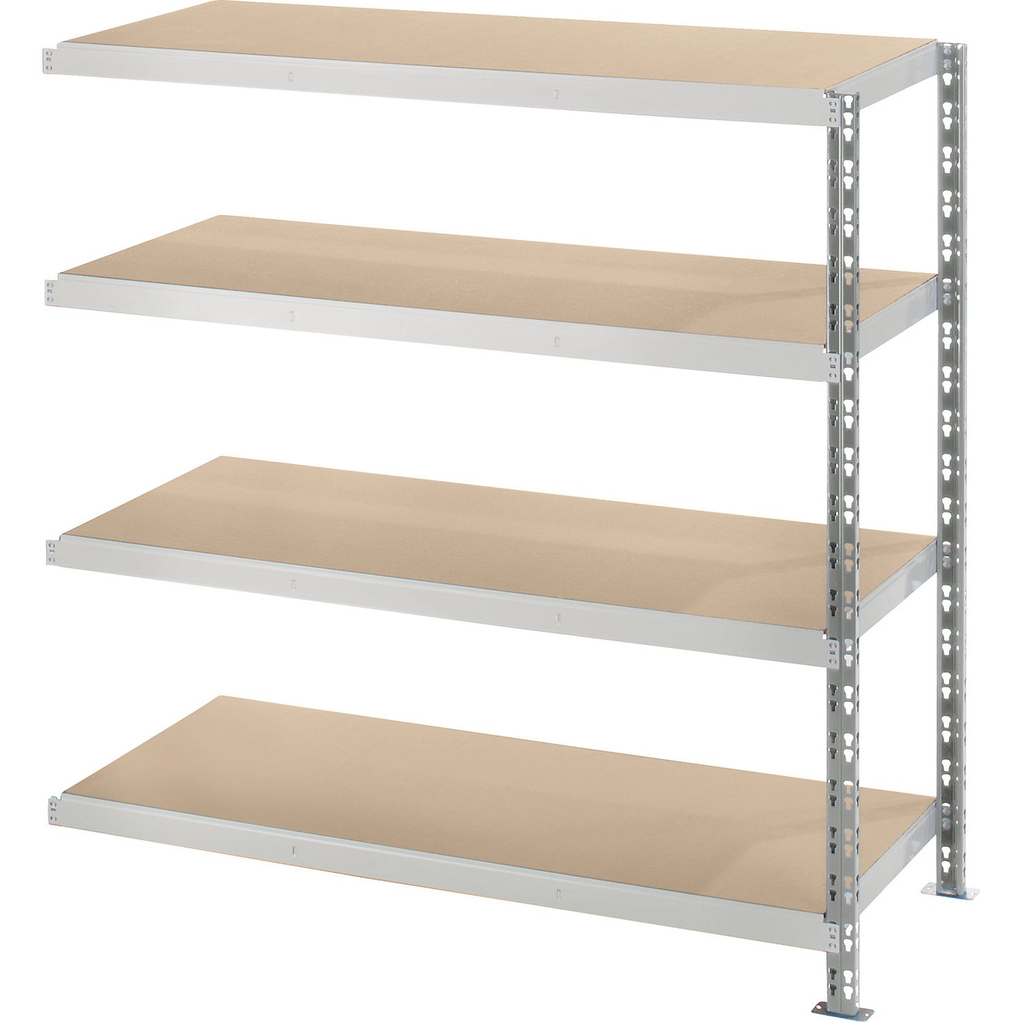 Wide span boltless shelf unit with moulded chipboard shelves, depth 600 mm, extension shelf unit, HxW 1508 x 1525 mm.