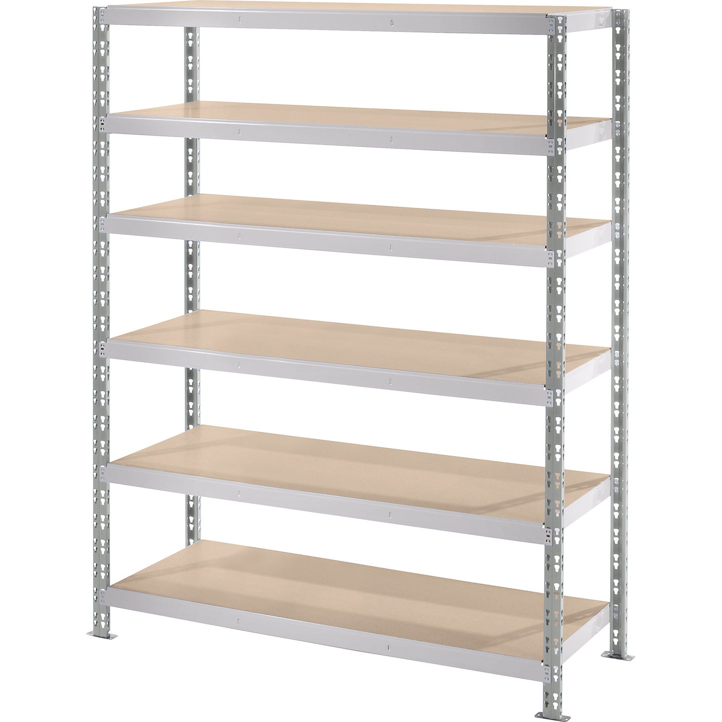 Wide span boltless shelf unit with moulded chipboard shelves, depth 600 mm, standard shelf unit, HxW 1976 x 1550 mm.