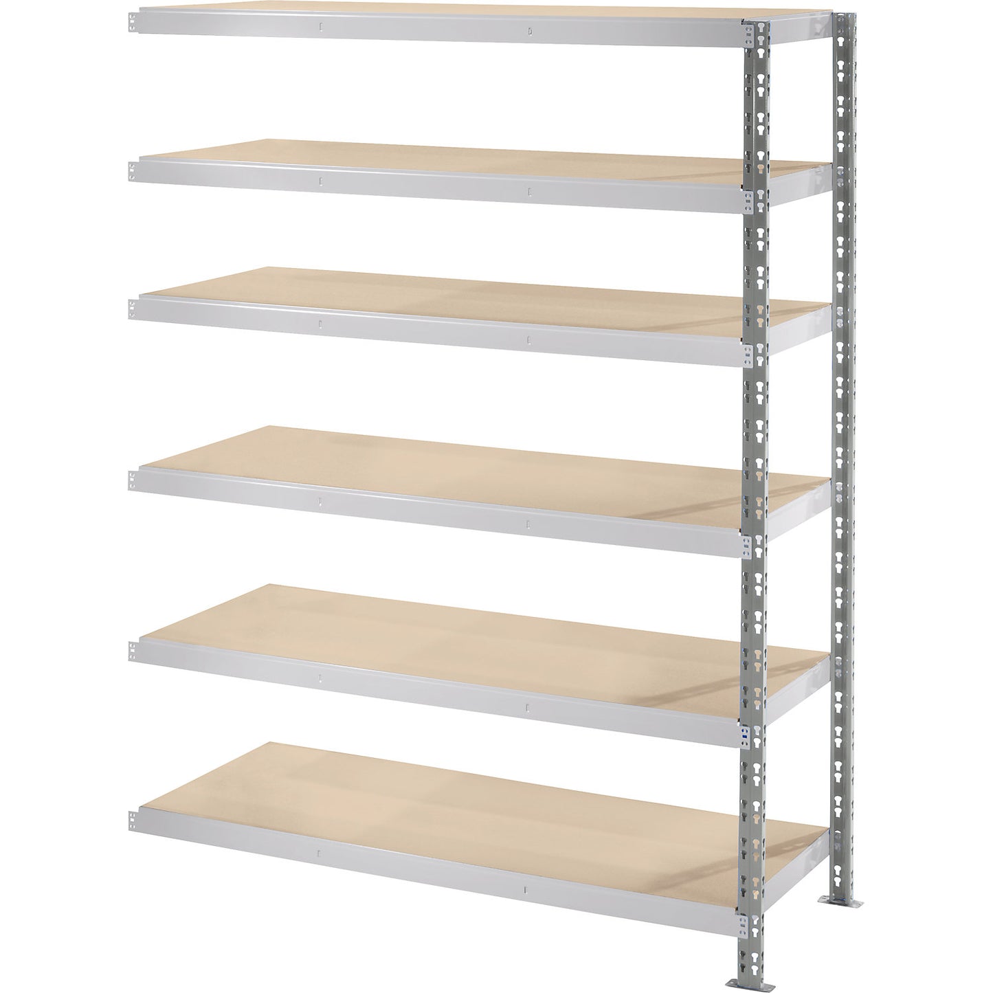 Wide span boltless shelf unit with moulded chipboard shelves, depth 700 mm, extension shelf unit, HxW 1976 x 1525 mm.