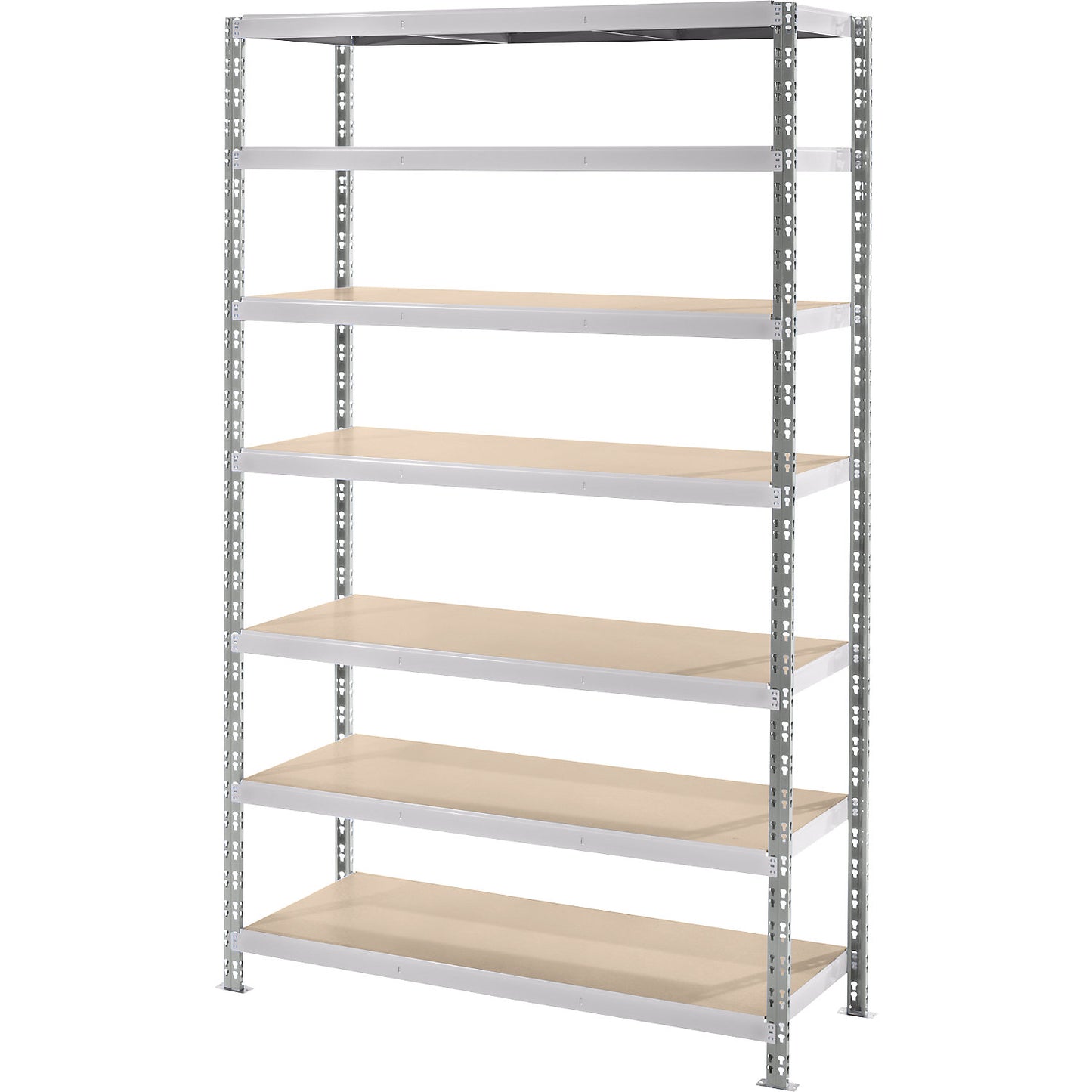 Wide span boltless shelf unit with moulded chipboard shelves, depth 700 mm, standard shelf unit, HxW 2522 x 1550 mm.