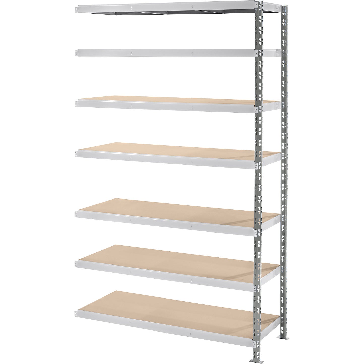 Wide span boltless shelf unit with moulded chipboard shelves, depth 700 mm, extension shelf unit, HxW 2522 x 1525 mm.