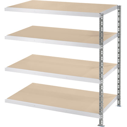 Wide span boltless shelf unit with moulded chipboard shelves, depth 800 mm, extension shelf unit, HxW 1508 x 1525 mm.
