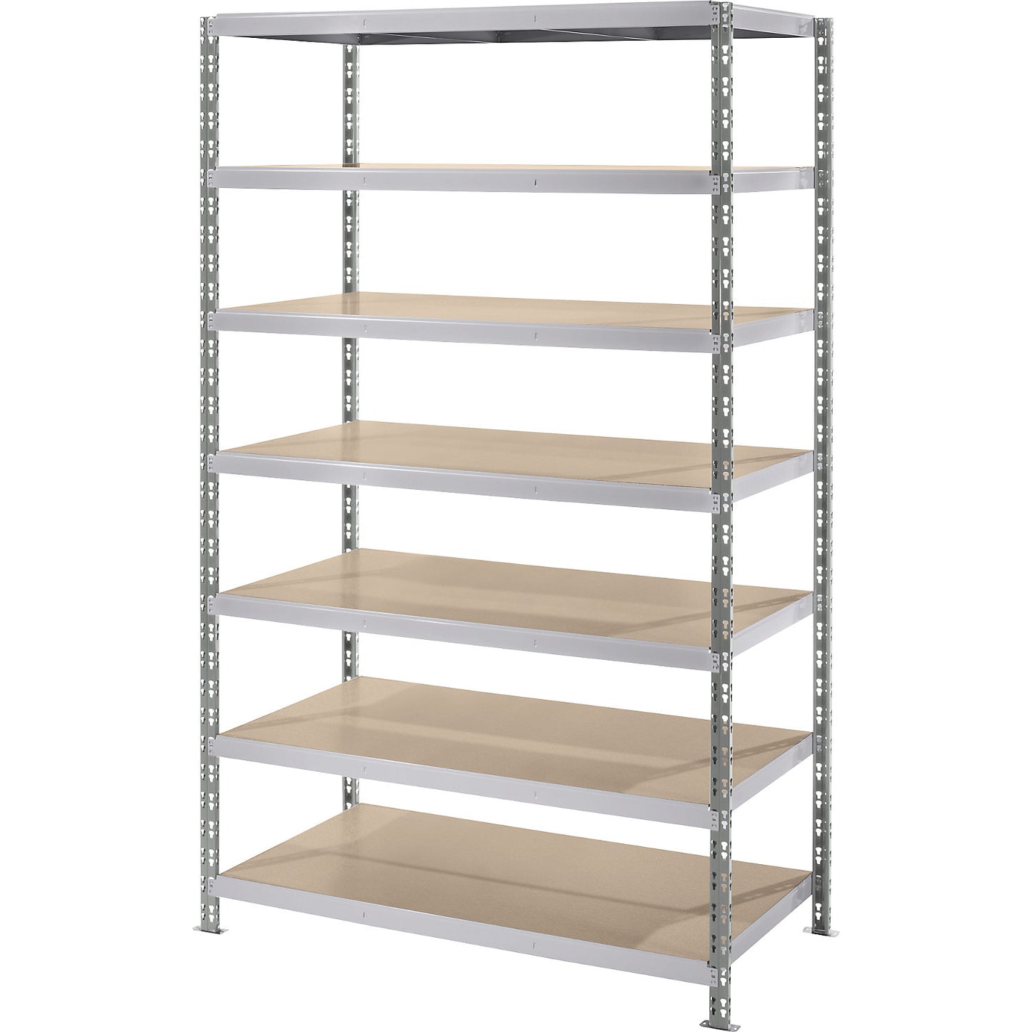 Wide span boltless shelf unit with moulded chipboard shelves, depth 800 mm, standard shelf unit, HxW 2522 x 1550 mm.