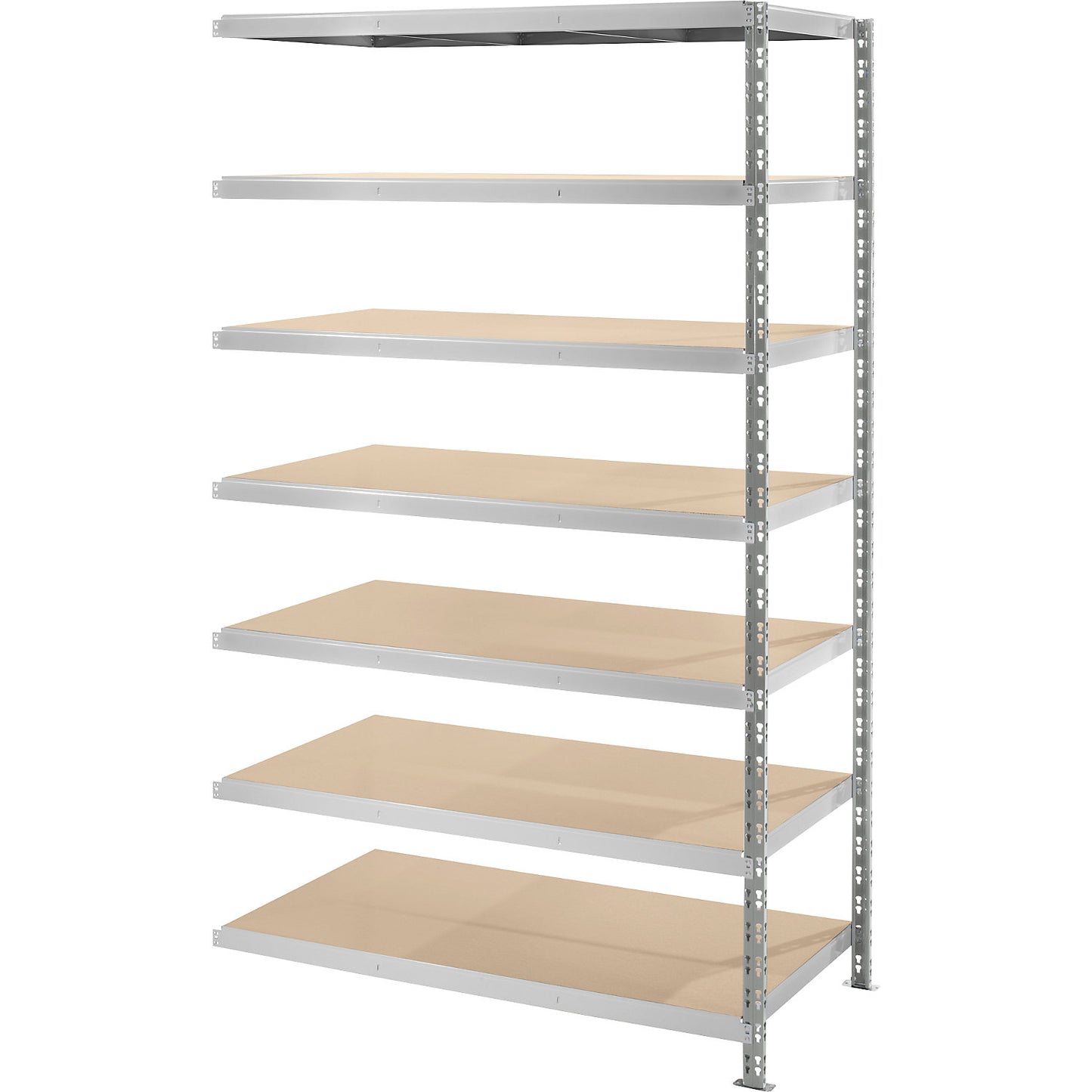 Wide span boltless shelf unit with moulded chipboard shelves, depth 800 mm, extension shelf unit, HxW 2522 x 1525 mm.