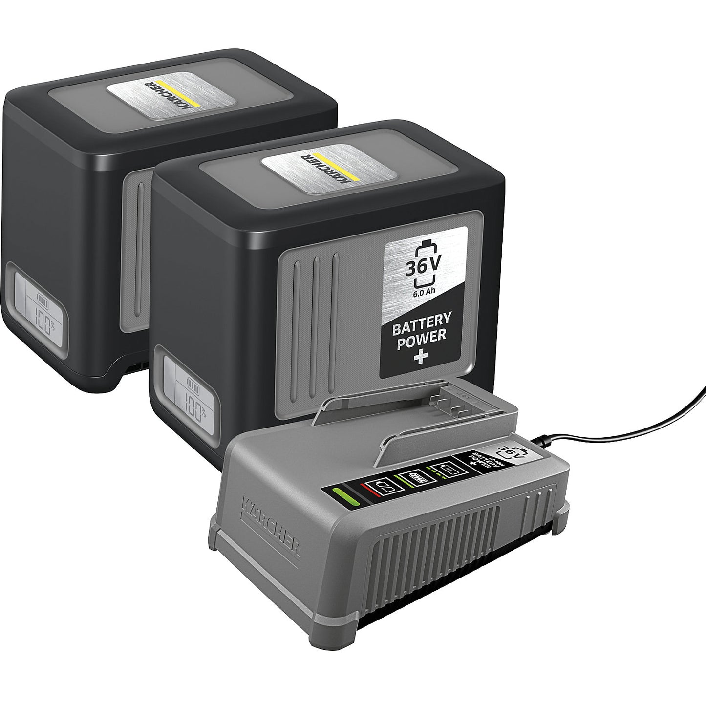 Starter set with 2 Li-ion rechargeable batteries / 1 charger, with 2 x 36 V / 6.0 h, incl. wall bracket, extra cost.