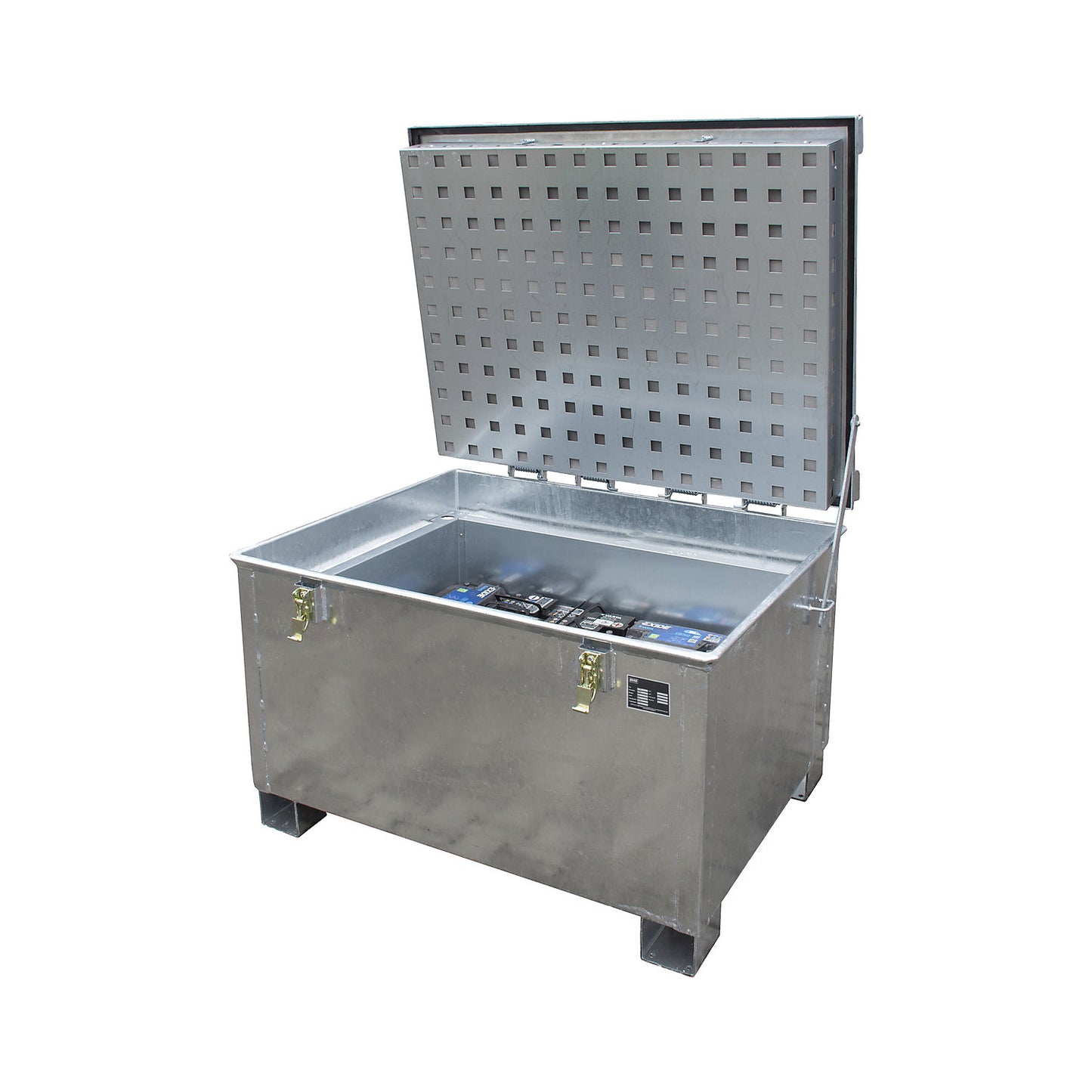 Rechargeable battery storage container for rechargeable lithium-ion batteries, capacity 280 l, LxWxH 1000 x 1200 x 750 mm.