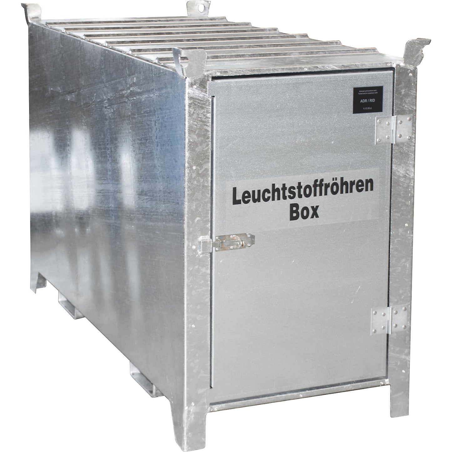 Fluorescent tube box, hot dip galvanised, capacity 1350 l, 1100 items Ø 25 mm / 500 items Ø 37 mm, LxWxH 2100 x 770 x 1125 mm.