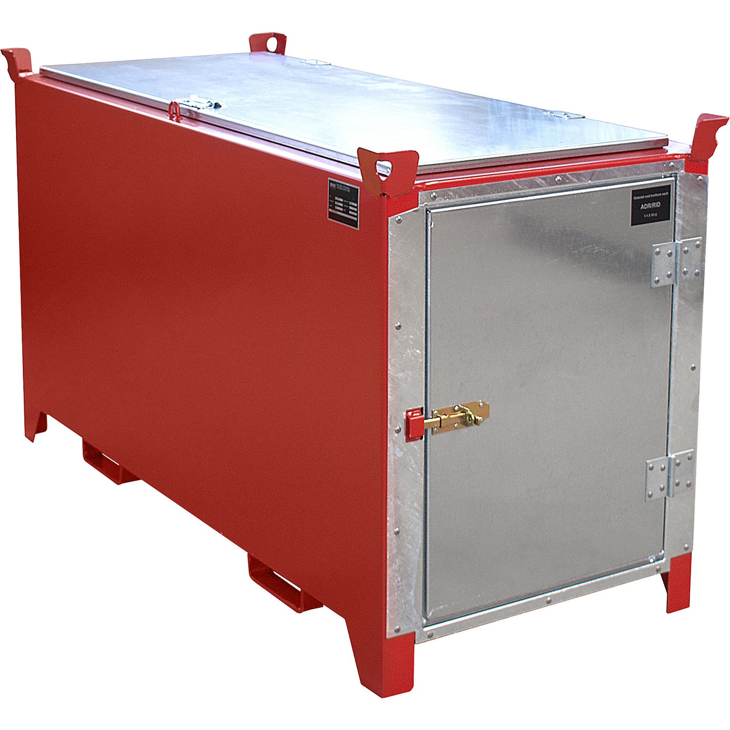 Fluorescent tube box, painted, capacity 900 l, 1100 items Ø 25 mm / 500 items Ø 37 mm, LxWxH 1700 x 770 x 975 mm, flame red RAL 3000.