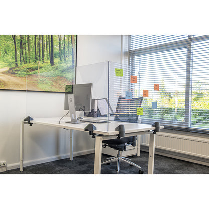 Desk partition for a double workplace, acrylic glass and polystyrene, transparent, width 750 mm.