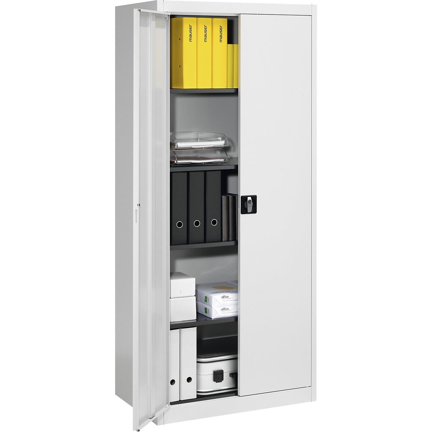 Double door cupboard, HxW (external) 1950 x 950 mm, with 4 shelves, depth 500 mm, light grey RAL 7035.