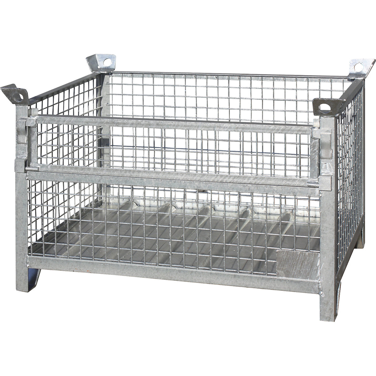 Mesh pallet stacking box, LxWxH 1000 x 800 x 750 mm, long side 1/3 foldable, zinc plated.