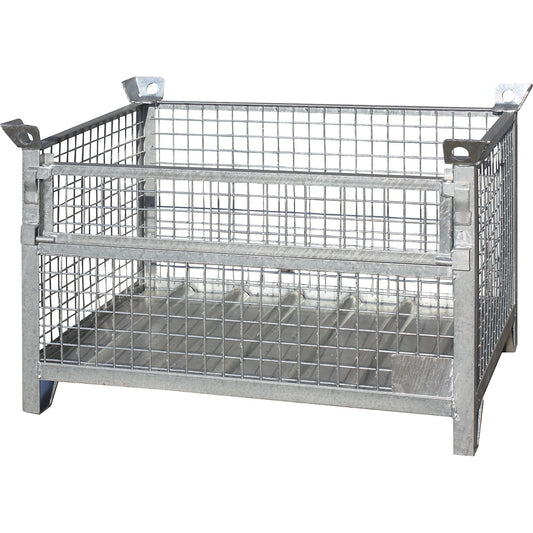 Mesh pallet stacking box, LxWxH 1000 x 800 x 750 mm, long side 1/3 foldable, zinc plated.