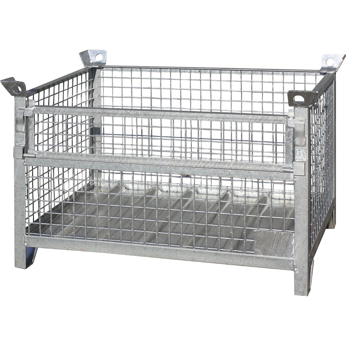 Mesh pallet stacking box, LxWxH 1500 x 800 x 750 mm, long side 1/3 foldable, zinc plated.