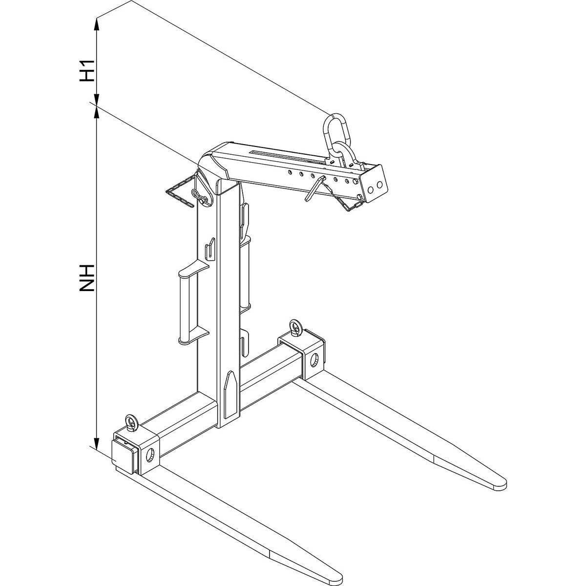 Balanced crane fork, automatic, effective height 1150 - 1750 mm, light duty version, max. load 2000 kg.