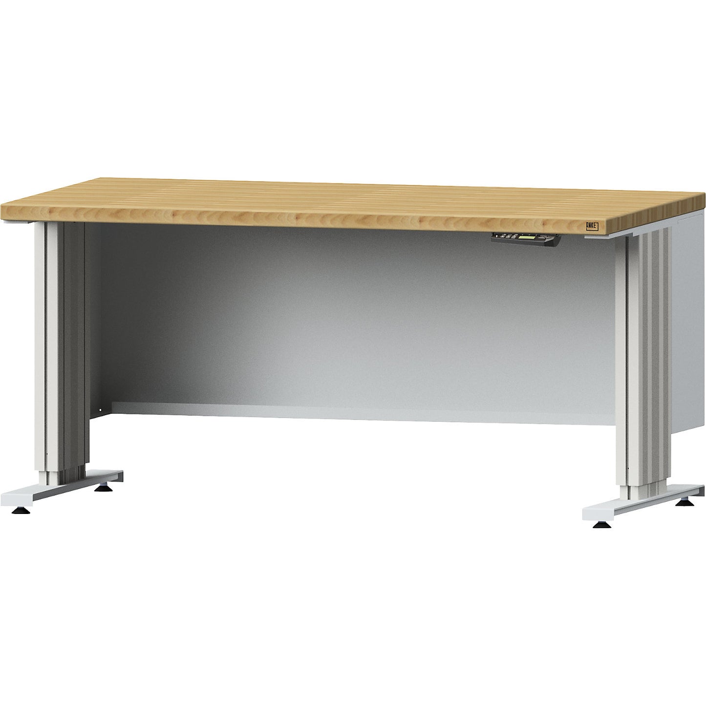 Electrically height adjustable workbench, worktop depth 800 mm, solid beech worktop, width 1500 mm.