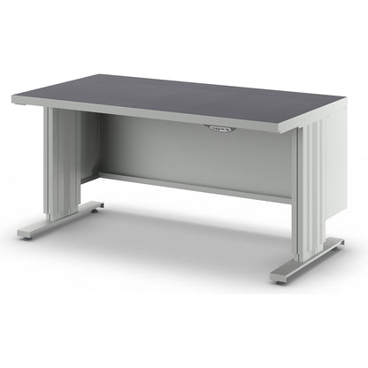 Electrically height adjustable workbench, worktop depth 800 mm, worktop with universal lining, width 1500 mm.