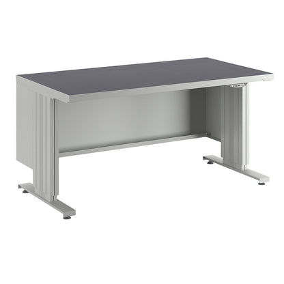 Electrically height adjustable workbench, worktop depth 800 mm, worktop with universal lining, width 1500 mm.