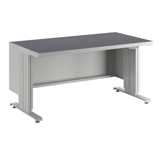 Electrically height adjustable workbench, worktop depth 800 mm, worktop with universal lining, width 1500 mm.