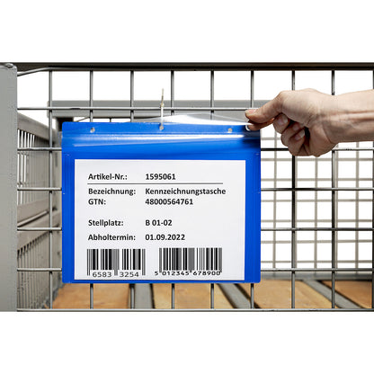 Labelling pouches with suspension holes, landscape format A5, with protective flap, blue, pack of 50.