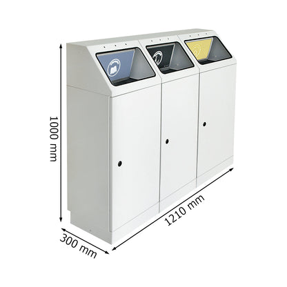 Recyclable waste collector, self extinguishing, capacity 3 x 45 l, blue/yellow/grey flap.