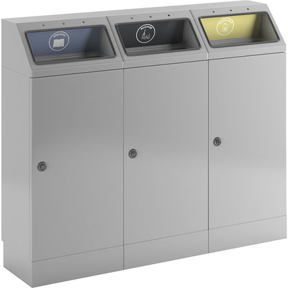 Recyclable waste collector, self extinguishing, capacity 3 x 45 l, blue/yellow/grey flap.