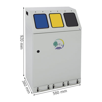 Recyclable waste collector, steel, capacity 3 x 30 l, TRIPLEX, 3 inner containers, with foot pedal.