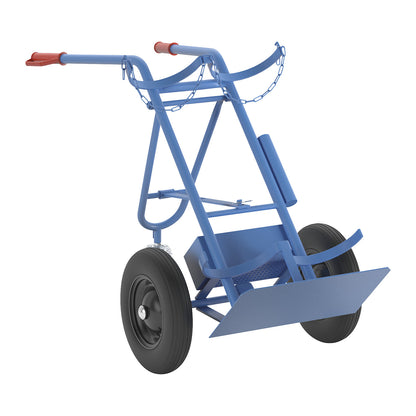 Steel and gas cylinder truck, for 2 steel cylinders, content 40 / 50 l, with support wheel, solid rubber tyres.