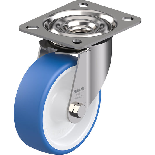 TPU wheel, stainless steel housing with plate, wheel Ø x width 100 x 35 mm, swivel castor, plain bearings.