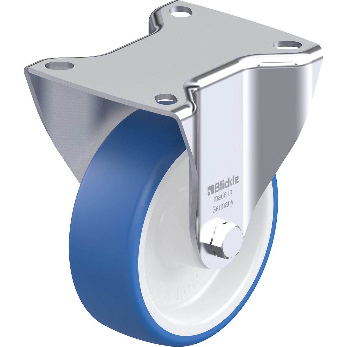 TPU wheel, stainless steel housing with plate, wheel Ø x width 100 x 35 mm, fixed castor, plain bearings.