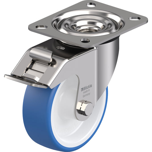 TPU wheel, stainless steel housing with plate, wheel Ø x width 100 x 35 mm, swivel castor with double stop, ball bearings.
