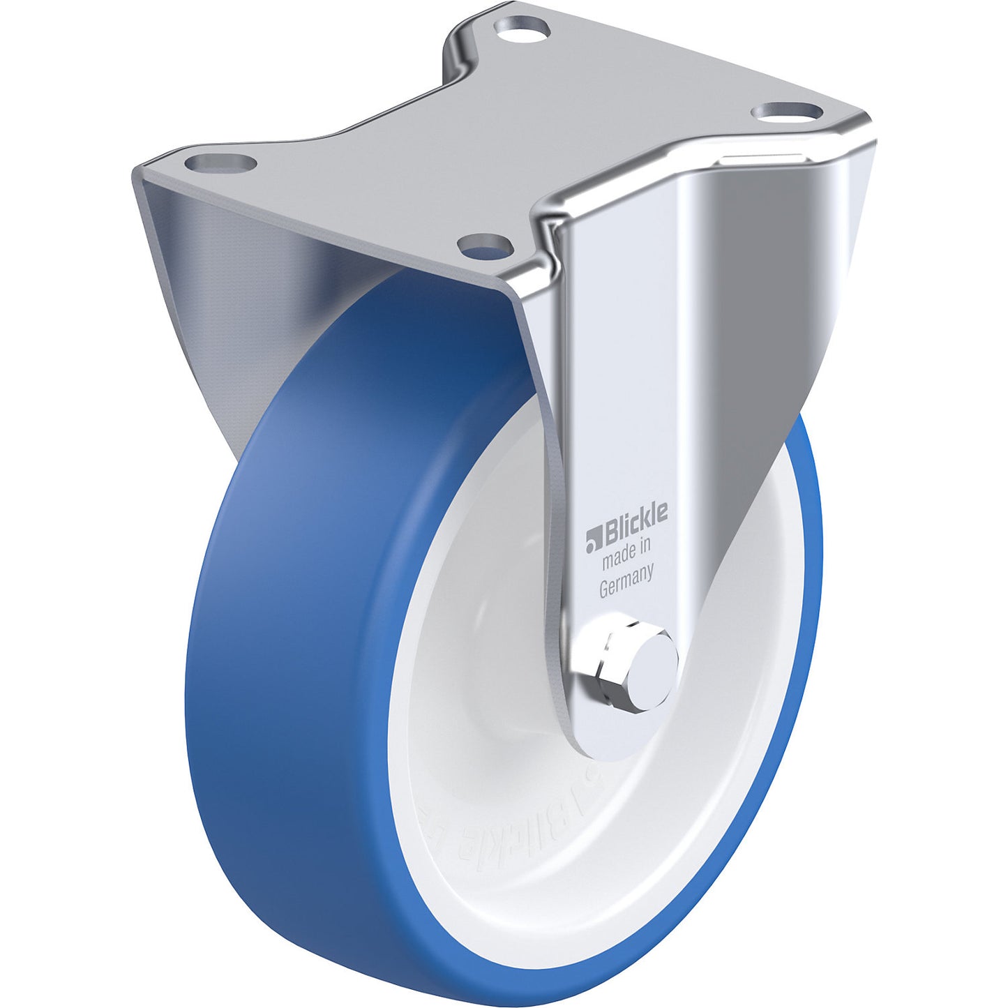 TPU wheel, sheet steel housing, wheel Ø x width 125 x 40 mm, fixed castor, plain bearings.