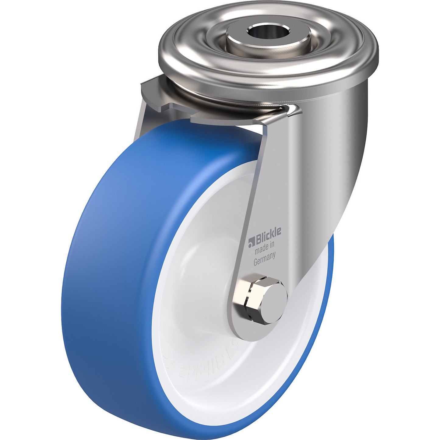 TPU wheel, stainless steel housing with bolt hole, wheel Ø x width 100 x 35 mm, swivel castor, plain bearings.