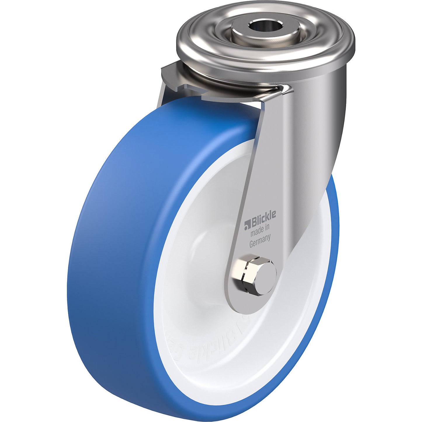 TPU wheel, stainless steel housing with bolt hole, wheel Ø x width 125 x 40 mm, swivel castor, ball bearings.