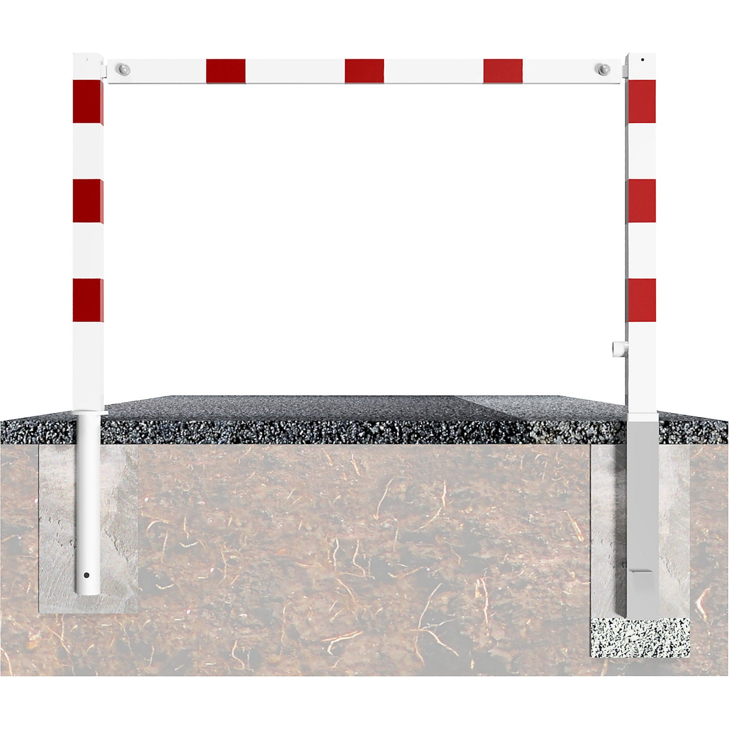 Access barrier, swivelling, with top rail, white with red reflective stripes, width 1500 mm.