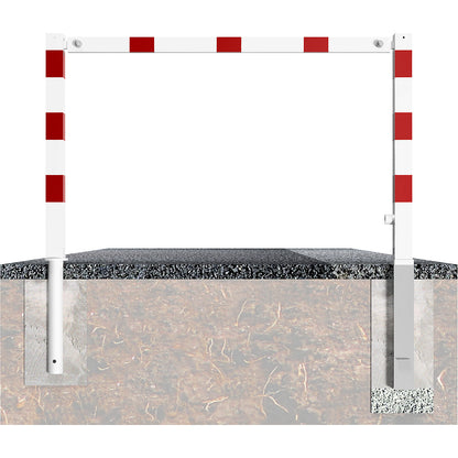 Access barrier, swivelling, with top rail, white with red reflective stripes, width 1500 mm.
