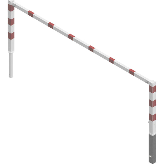 Access barrier, swivelling, with top rail, white with red reflective stripes, width 3000 mm.