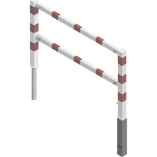 Access barrier, swivelling, with top rail and knee rail, white with red reflective stripes, width 1500 mm.