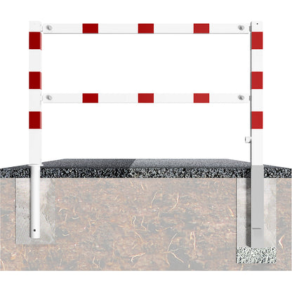 Access barrier, swivelling, with top rail and knee rail, white with red reflective stripes, width 1500 mm.