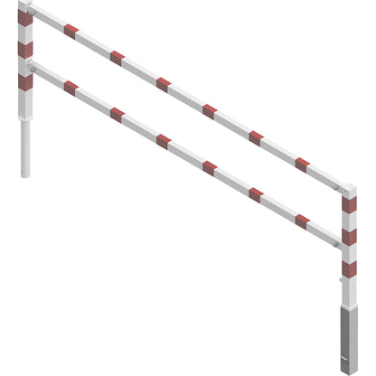 Access barrier, swivelling, with top rail and knee rail, white with red reflective stripes, width 3000 mm.