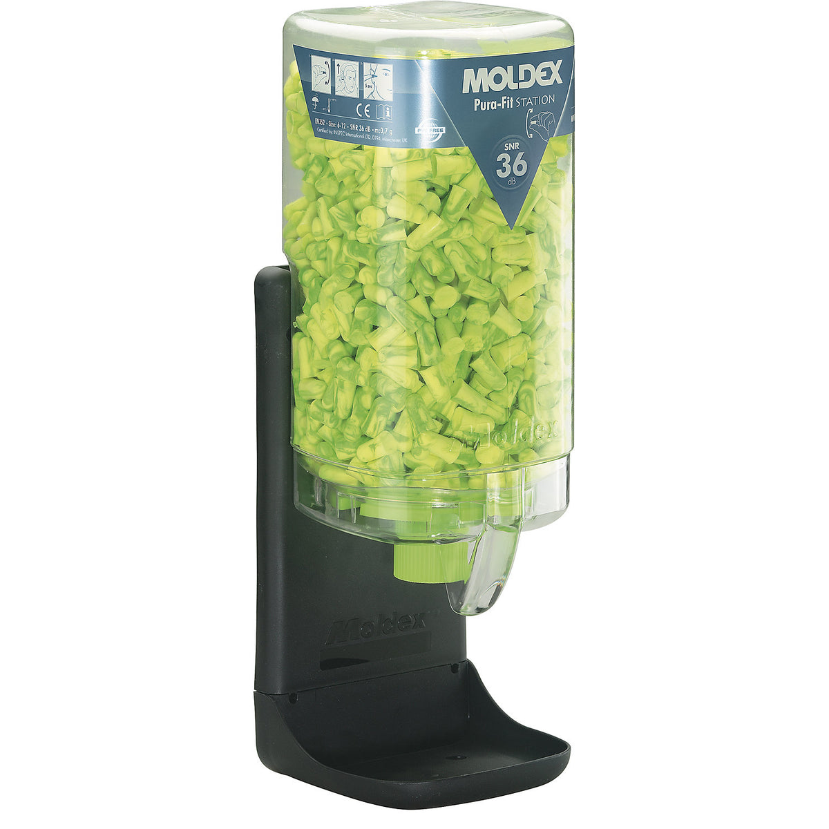 Ear plug station including ear plugs, PuraFit® green, SNR 36 dB, including 500 pairs of PuraFit®.