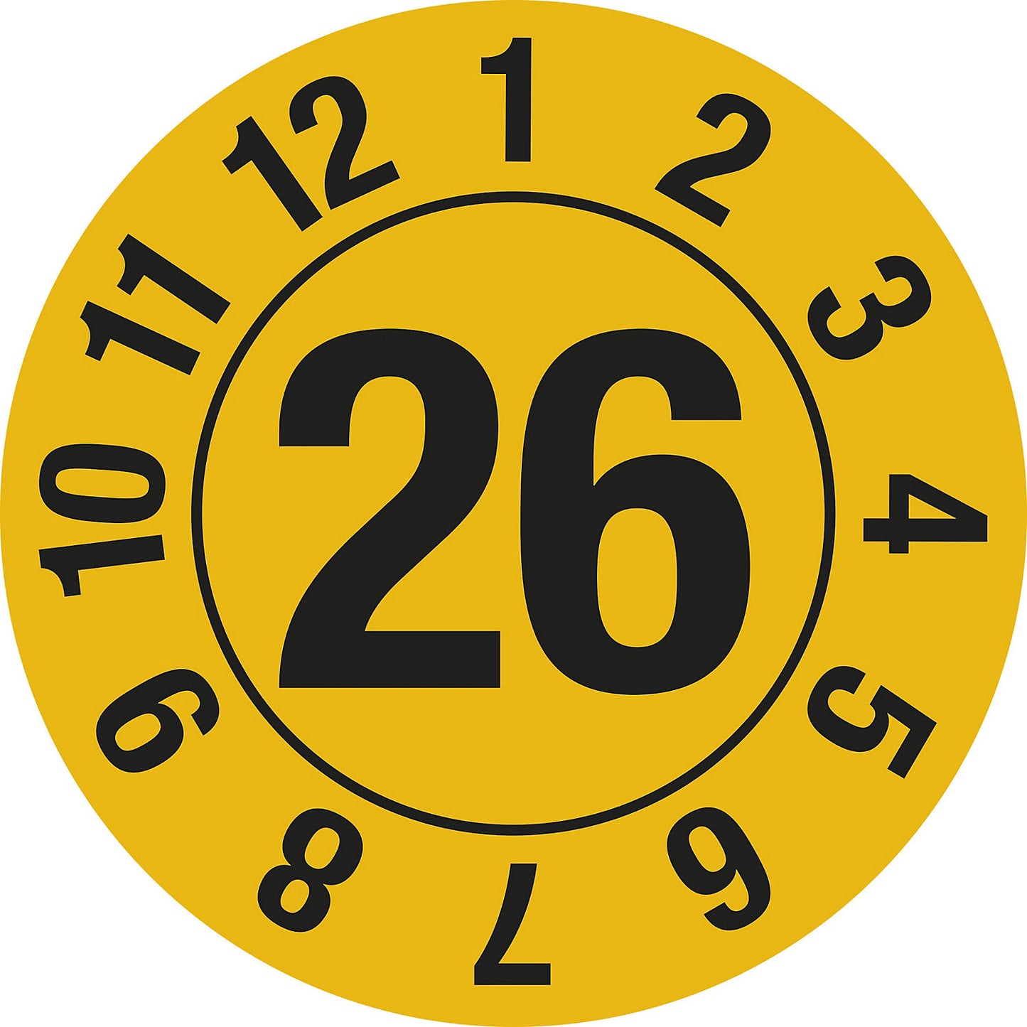 Test placard, year, document film, Ø 25 mm, in a circle, pack of 10, 26, yellow.