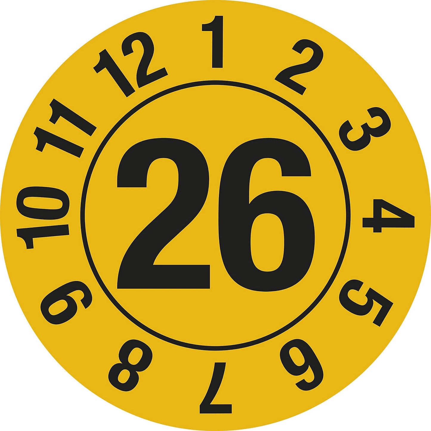 Test placard, year, document film, in a circle, Ø 10 mm, 26, yellow.