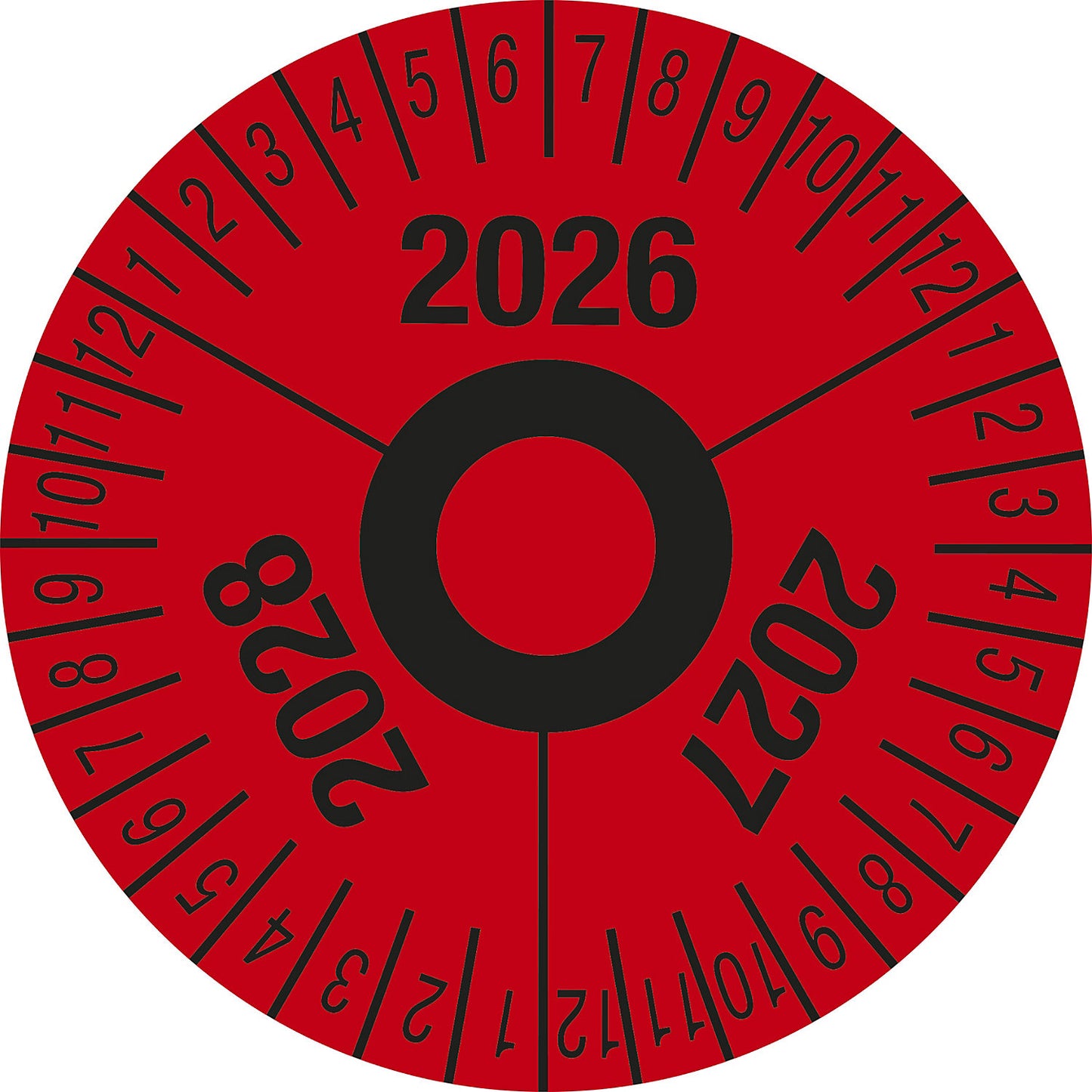 Test placard, multiple years, red, film, Ø 40 mm, pack of 10, 2026 - 2028.