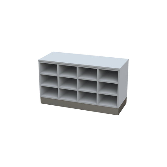 Sitover cloakroom bench, single sided, melamine coated, 12 compartments, length 1090 mm, grey, stainless steel plinth.