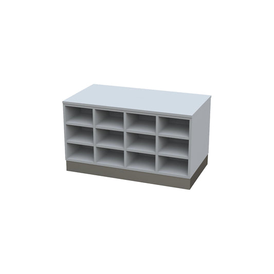 Sitover cloakroom bench, double sided, melamine coated, 2 x 12 compartments, length 1090 mm, grey, stainless steel plinth.
