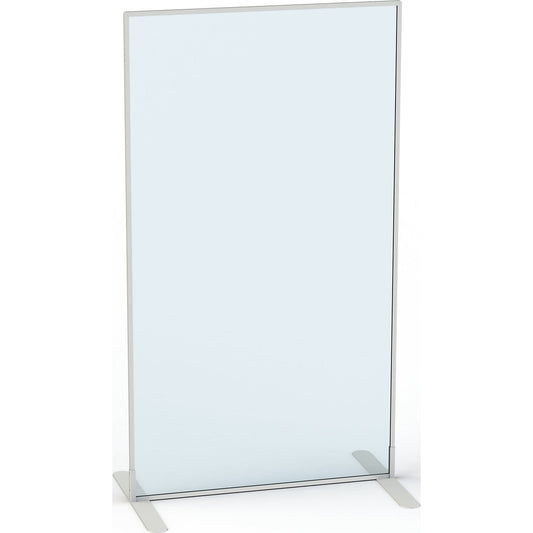 Partition made of acrylic glass, HxWxD 1805 x 1000 x 480 mm, with feet, RAL 9006 white aluminium.