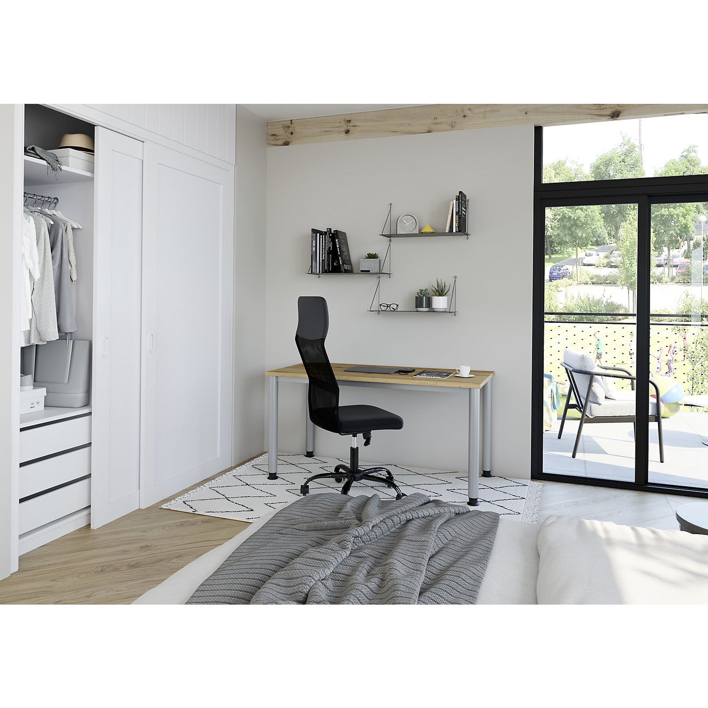 RENATUS - Mini-Office 4 desk, 4-legged frame, width 1200 mm, oak finish, round steel tubing.