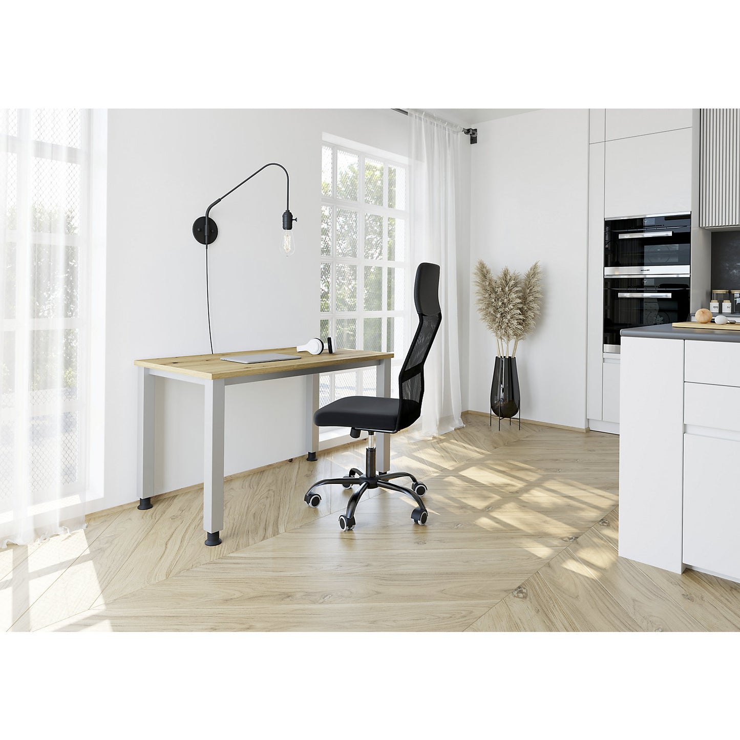 RENATUS - Mini-Office 4 desk, 4-legged frame, width 1200 mm, oak finish, rectangular tubing.